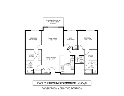 Floor plan for 2 beds, 2 baths, 1424 sqft